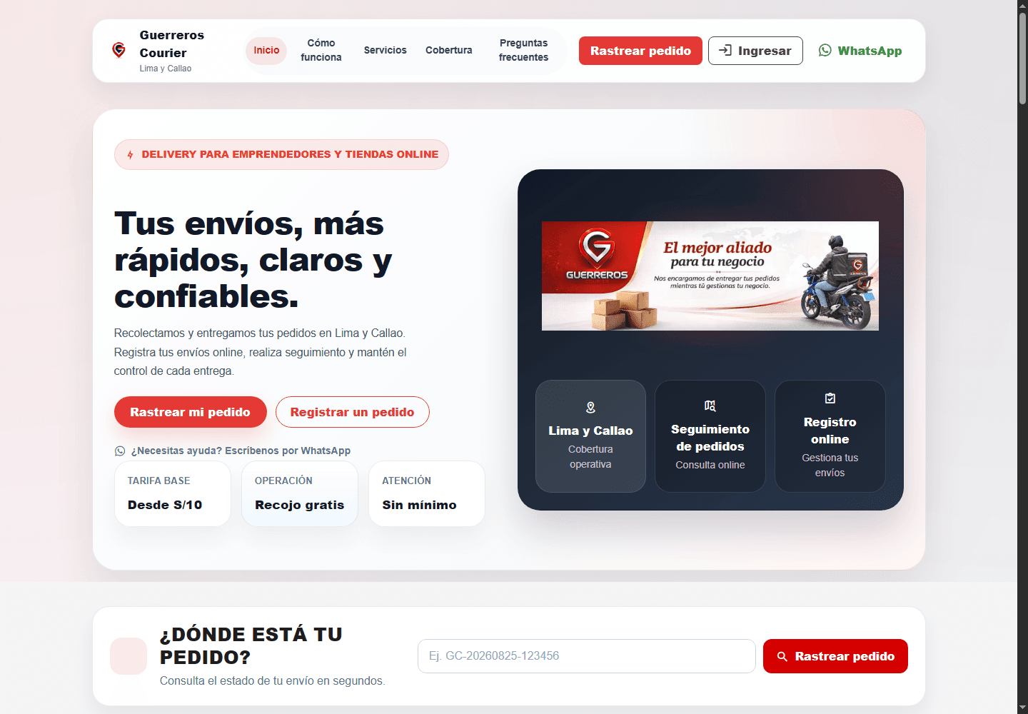 Web pública real de Guerreros Courier con servicios, cobertura y seguimiento